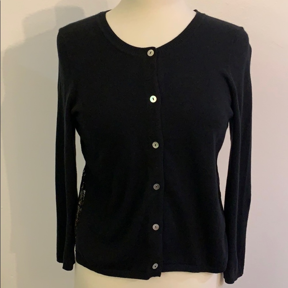 Anthropologie black cardigan with gold lace back.